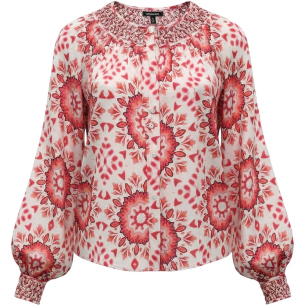 Calligraphie Pink Red Medallion Floral Braided Smocked Neck Blouse Small Boho